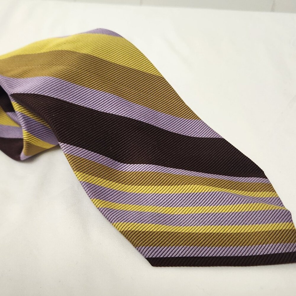 1970s neck tie gold brown lavender stripe Andhurst